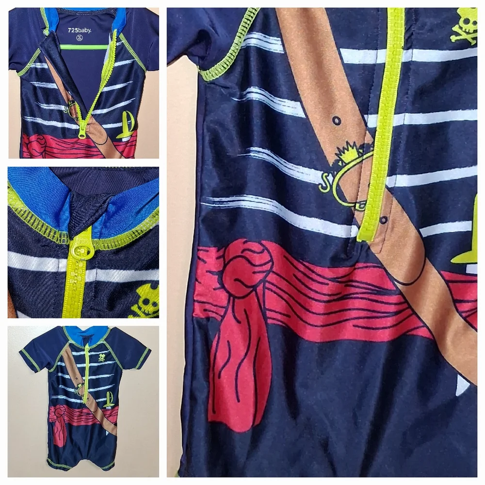 Kids Pirate Rashguard Swimsuit - Navy with Red Accent